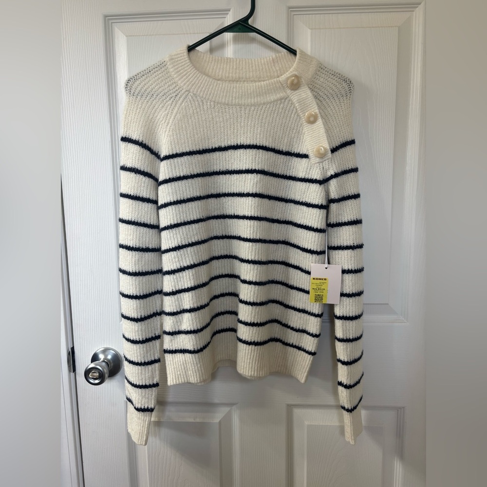 Lauren Conrad Mockneck Sweater With Buttons Cream With Navy Stripes NWT XS